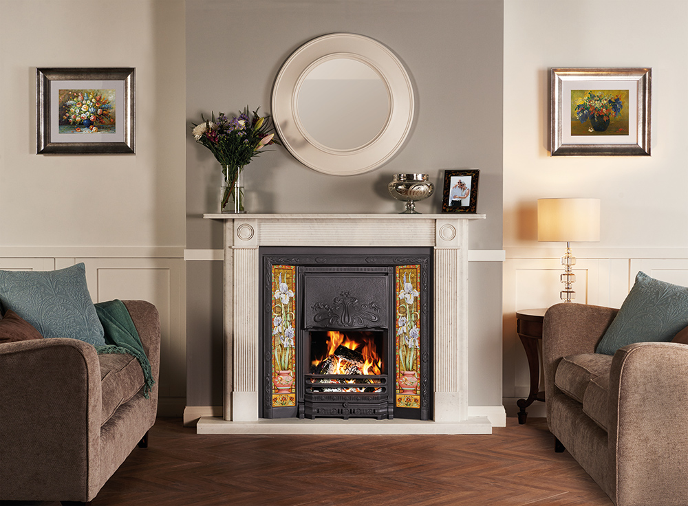 Stovax-Art-Nouveau-Tiled-Convector-in-Matt-Black-with-2-x-Blue-Iris-Tile-Sets-and-Georgian-Roundel-Stone-Mantel-in-Antique-White-Marble-lb-1 Stovax-Art-Nouveau-Tiled-Convector-in-Matt-Black-with-2-x-Blue-Iris-Tile-Sets-and-Georgian-Roundel-Stone-Mantel-in-Antique-White-Marble-lb-1