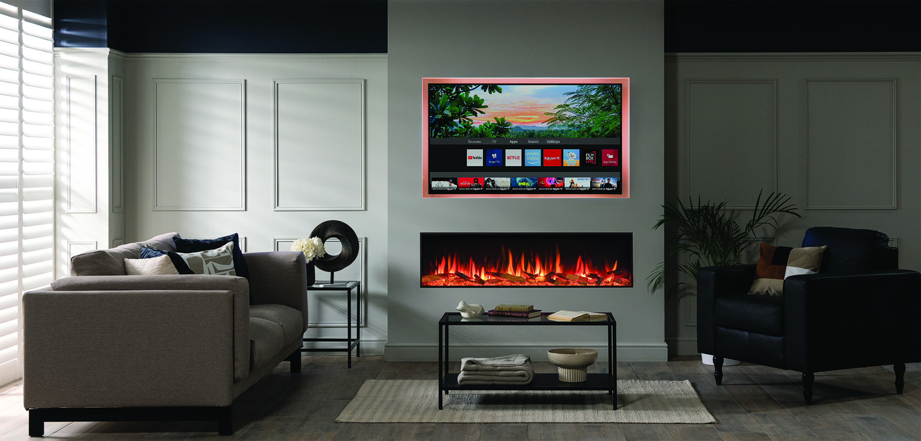 eStudio 135R Wood Fuel Effect Shown With Optional Mood Lightint Kit_Grey Wall eStudio 135R Wood Fuel Effect Shown With Optional Mood Lightint Kit_Grey Wall