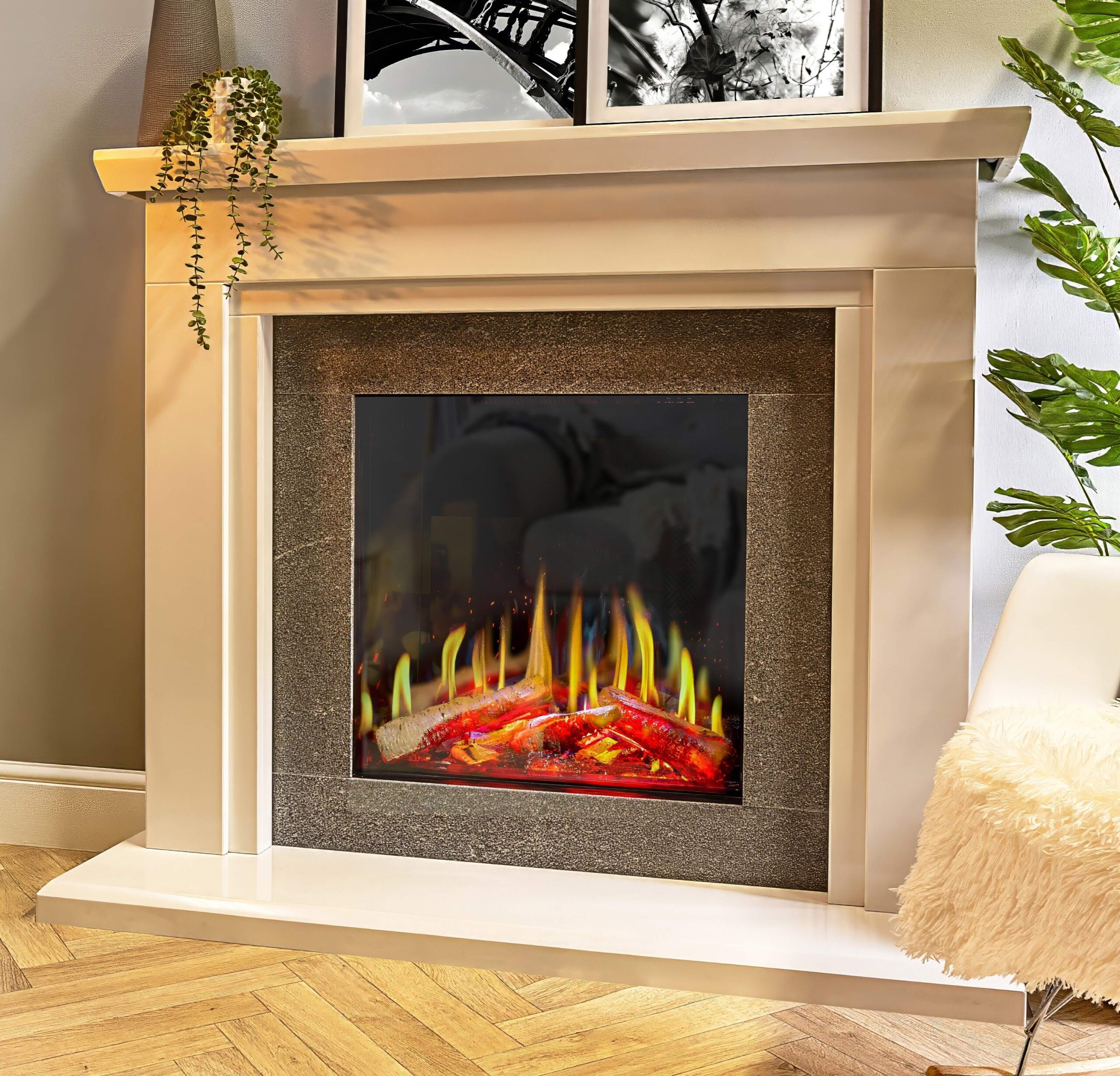 Luminosa 62 one-sided in Pudsey Marble Sapphire Surround orange flame angle Luminosa 62 one-sided in Pudsey Marble Sapphire Surround orange flame angle